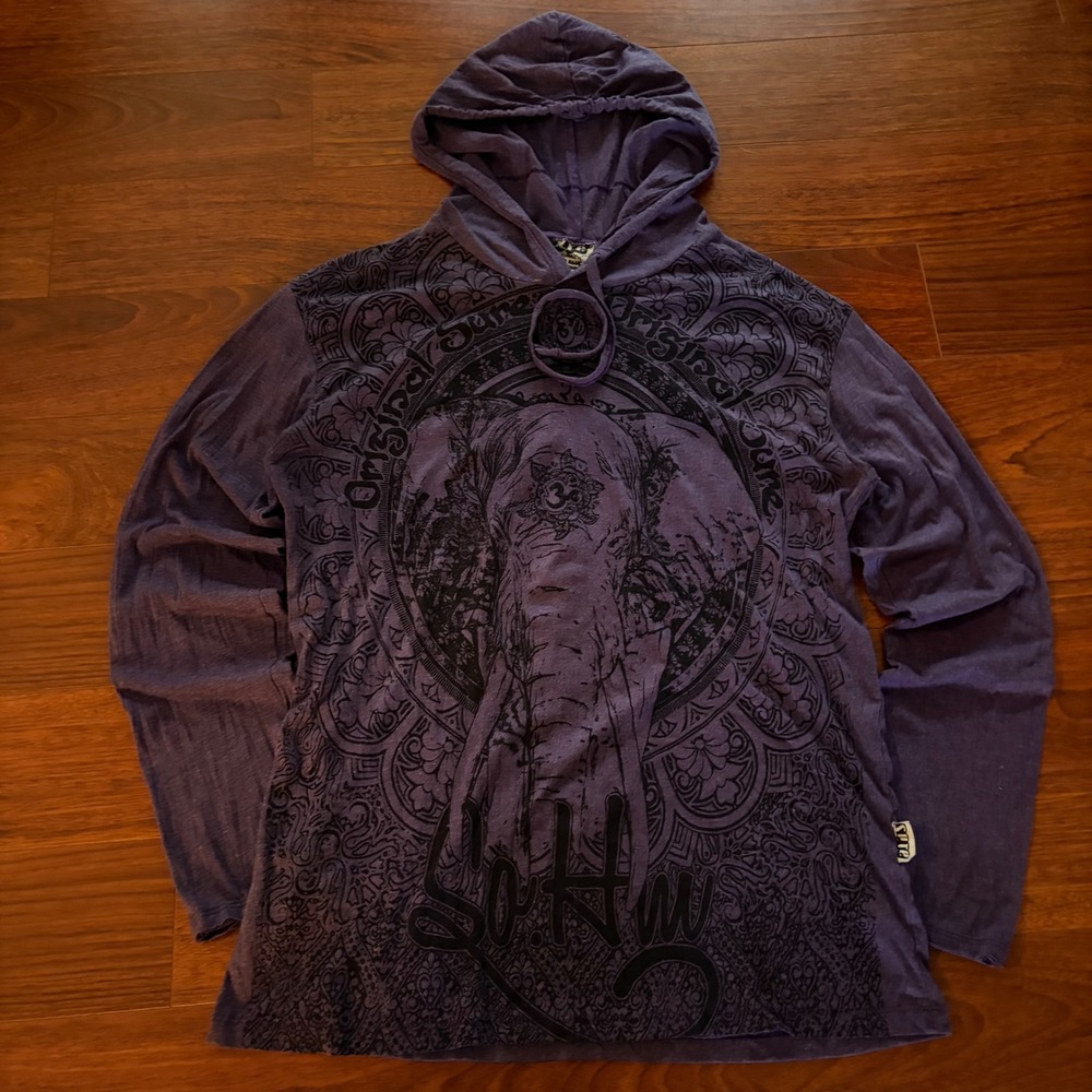 Y2K Elephant Mandala Crazy Graphic Hoodie Shirt Purple Cotton Womens Large L